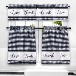 3 Piece Kitchen Curtains and Valances Set for Windows, Love Family, Laugh, Live (Black and White)