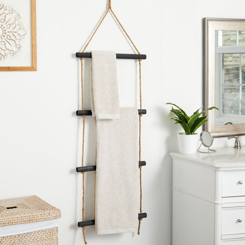 4-Rung Hanging Blanket Ladder, Wooden Rustic Towel Racks for Bathroom with Rope for Bathroom Decor, Black (17 x 60 In)