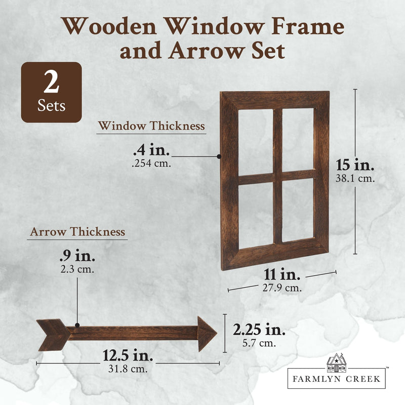 Rustic Window Frame Panes and Arrows, Hanging Farmhouse Decor (Brown, 11 x 15 In, 4 Pieces)