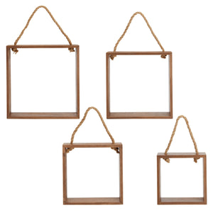 Set of 4 Square Wall Hanging Shelves in 4 Sizes for Closet, Rustic-Style Wooden Cube Shelf with Rope Hanger for Bathroom (Brown)