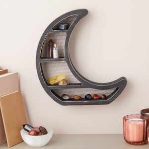 Small Wooden Crescent Moon Shelf for Crystals and Essential Oils, Rustic Home Decor for Nursery, Black (10.7 x 11.2 x 2 In)