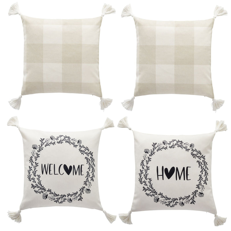 Set of 4 Plaid Throw Pillow Covers, 18x18 Inch Decorative Farmhouse Pillow Cases with Printed Designs and Tassels