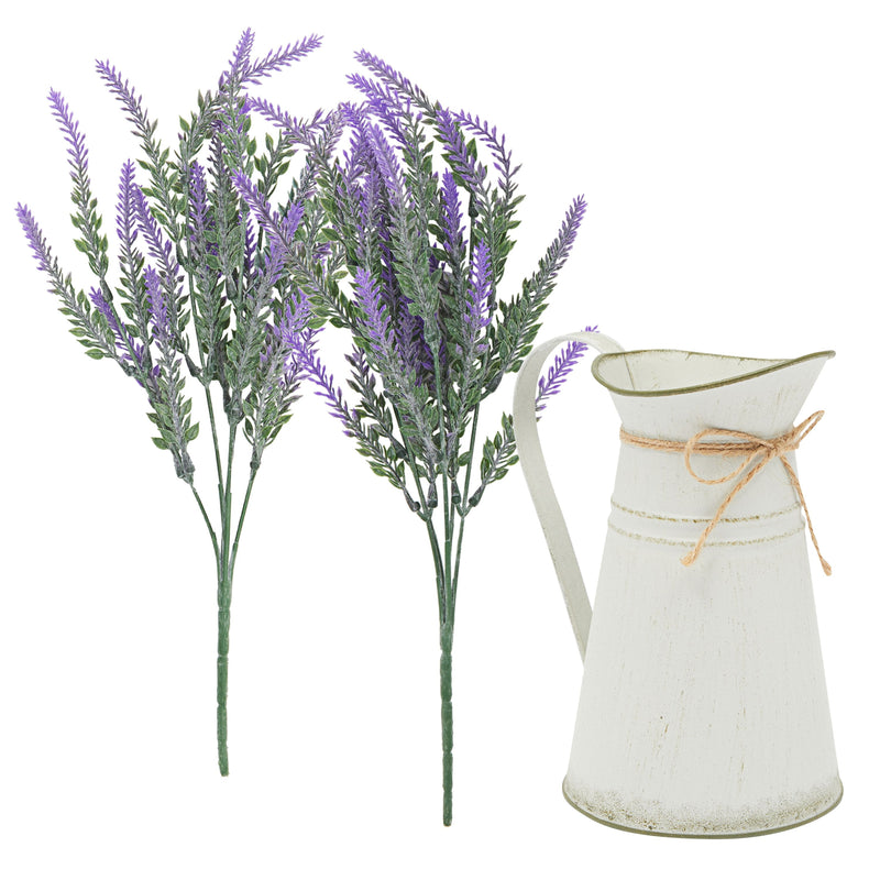 Set of 2 Artificial Lavender Flowers in Milk Jug Vase, Rustic Decorative Vase for Farmhouse Decor (15 In)