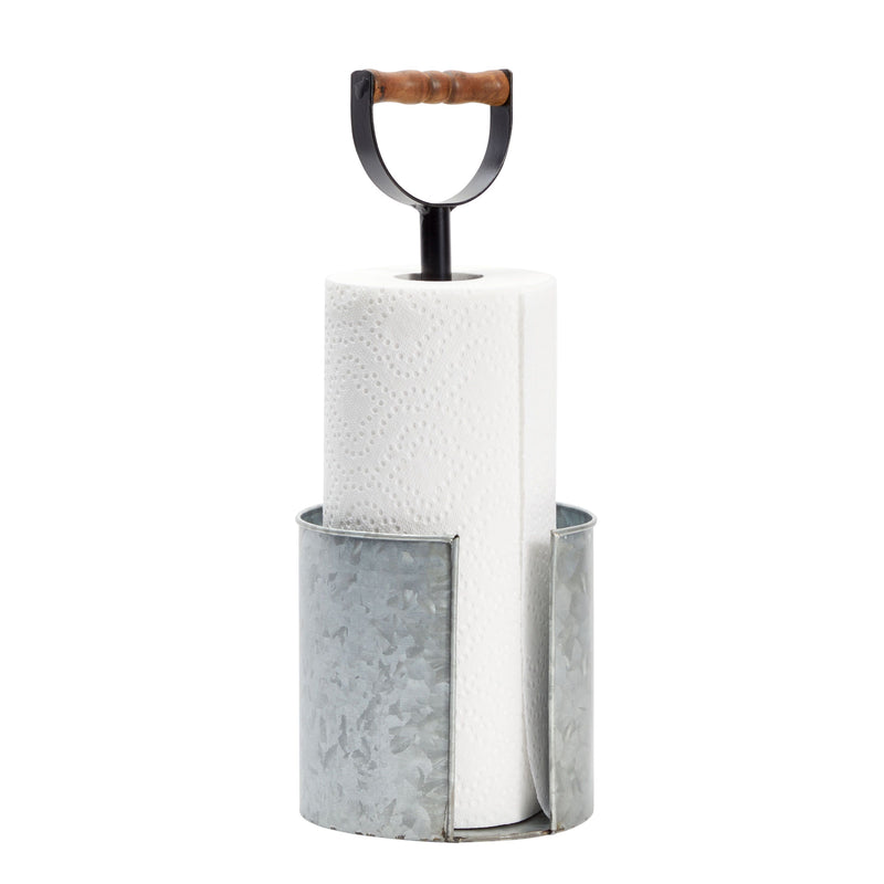 Kitchen Paper Towel Holder for Countertop with Wooden Handle, Galvanized Farmhouse Decor (6 x 16 In)