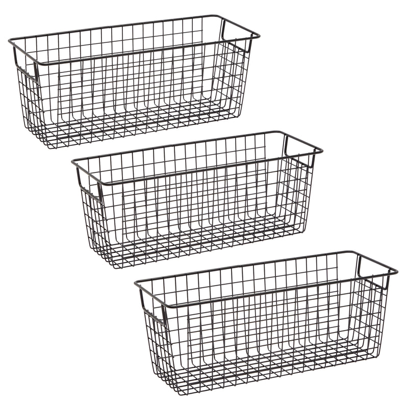 3 Pack Metal Wire Storage Baskets for Shelves, Pantry, Closet, Long Narrow Organizer Bin (Black, 16 x 6 x 6 In)