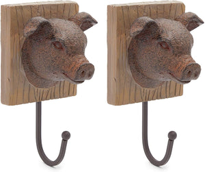 2-Pack Wall Mounted Metal Iron Pig Animal Decorative Wall Hooks for Coats Brown 3.8"x7"x3.5"
