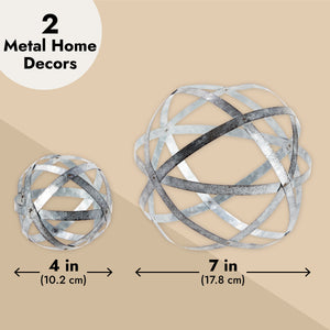 2 Piece Metal Decorative Spheres for Home Decor, Table, Rustic Style Shelf Decor Accents (Distressed Silver, 2 Sizes)