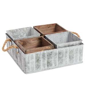 5 Piece Galvanized Metal Tray with Dividers and Removable Wooden Storage Boxes, Rustic Kitchen Decor (13 x 5 In)