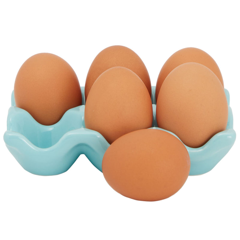 2 Pack Ceramic Half Dozen Egg Tray Holder for Countertop, Refrigerator, Porcelain Egg Carton Holds 6 Chicken Eggs, Hard Boiled Eggs for Easter Egg Painting (Teal)